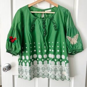Odd Molly Anthropologie Green Boho Embroidered Scallop Hem Blouse Size S